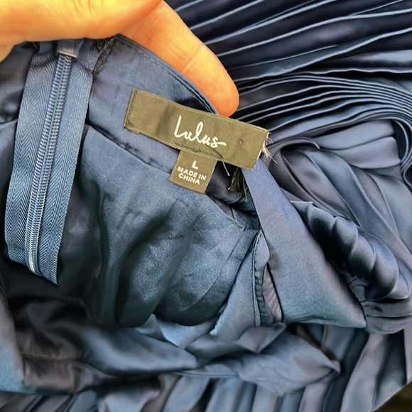 NWOT Midnight Moves Navy Blue Pleated Satin Cutout Halter Maxi Dress - Picture 8 of 8